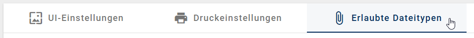 Der Screenshot zeigt den ausgewählten Reiter "Erlaubte Dateitypen" in der Kachel "unternehmenseinstellungen" in der Administration.