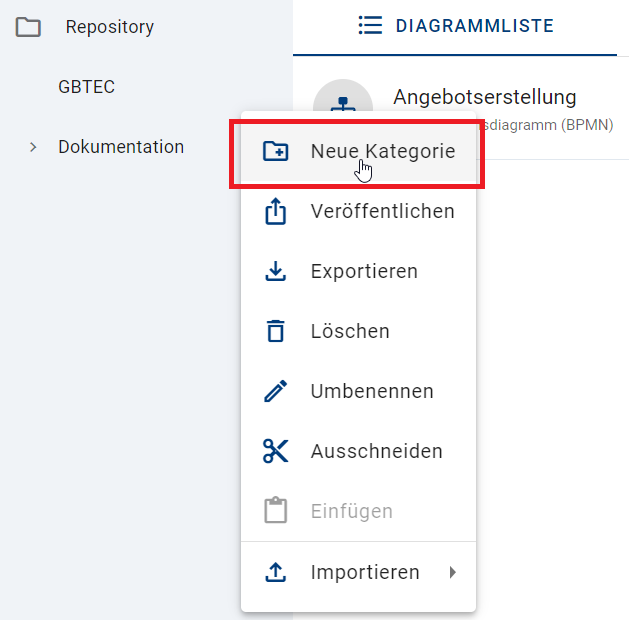 Der Screenshot zeigt die Option "Neue Kategorie".