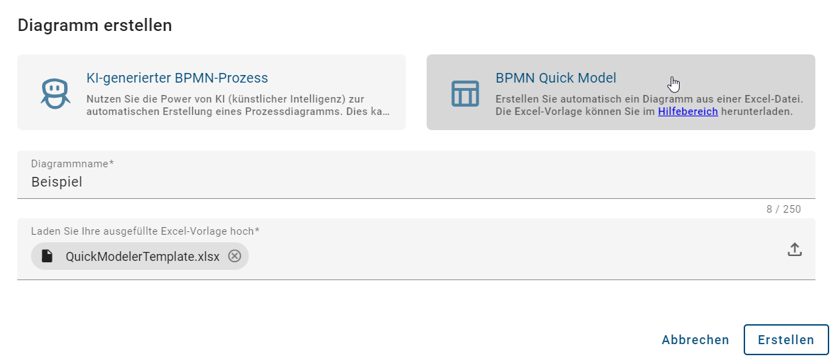 Der Screenshot zeigt das Dialogfenster für das Erstellen eines neuen Diagramms, in welchem Sie den "Quick Modeler" verwenden können.