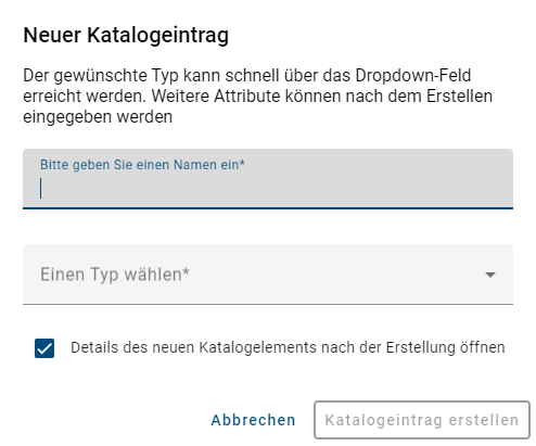 Dieser Screenshot zeigt das Dialogfenster zur Auswahl des Typs für den neuen Katalogeintrag.