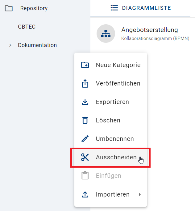 Der Screenshot zeigt die Option "Ausschneiden" im Kontextmenü im Kategorie-Explorer.