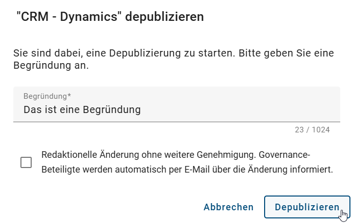 Der Screenshot zeigt das Dialogfenster für das Depublizieren einer veröffentlichten Kontextreferenz.