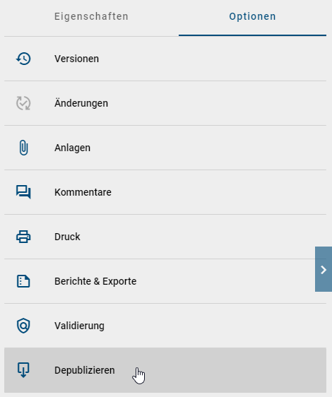 Der Screenshot zeigt die Option "Depublizieren" für ein Diagramm im Optionsbereich an.