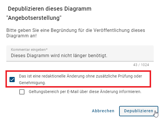 Der Screenshot zeigt das Dialogfenster mit der aktivierten Checkbox für redationelle Änderungen an.