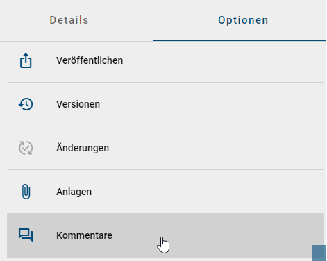 Der Screenshot zeigt die Selektion "Kommentare" in den Optionen eines Diagramms.