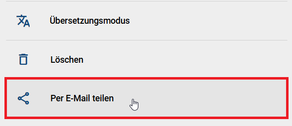 Der Screenshot zeigt die Option "Per E-Mail teilen" in der Registerkarte "Optionen" eines Diagramms im öffentlichen Arbeitsbereich.