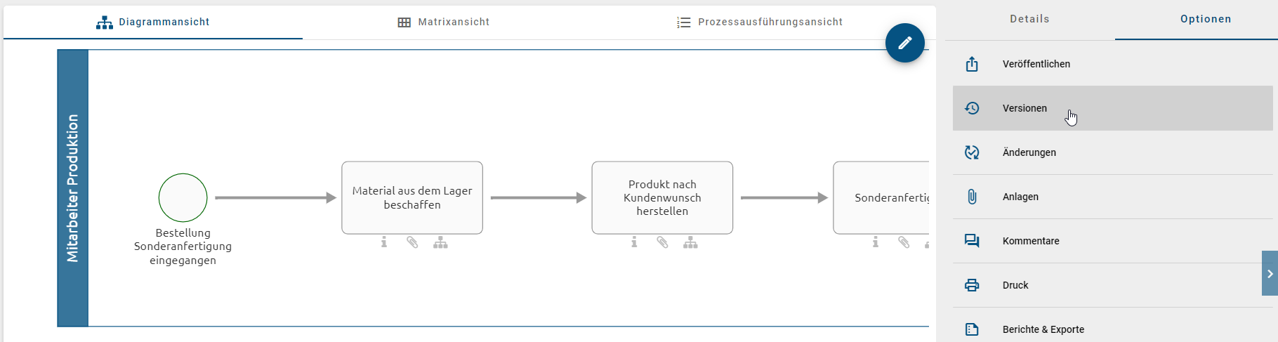 Dieser Screenshot zeigt den Eintrag "Versionen" in den Optionen eines Diagramms.