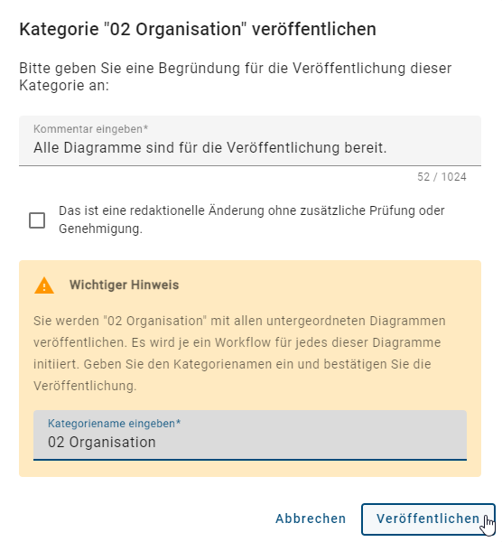 Der Screenshot zeigt das Dialogfenster für die Veröffentlichung.