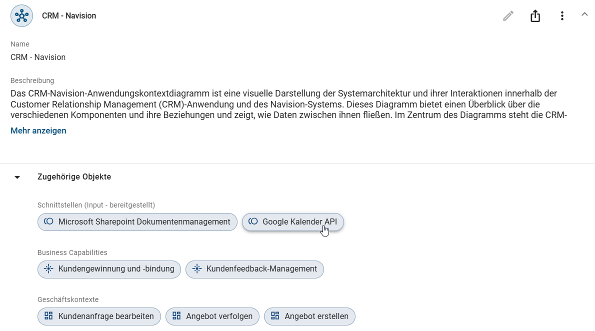 Der Screenshot zeigt die Details einer EAM Kontextreferenz mit dem hervorgehobenen Objekt "Google Kalender API".