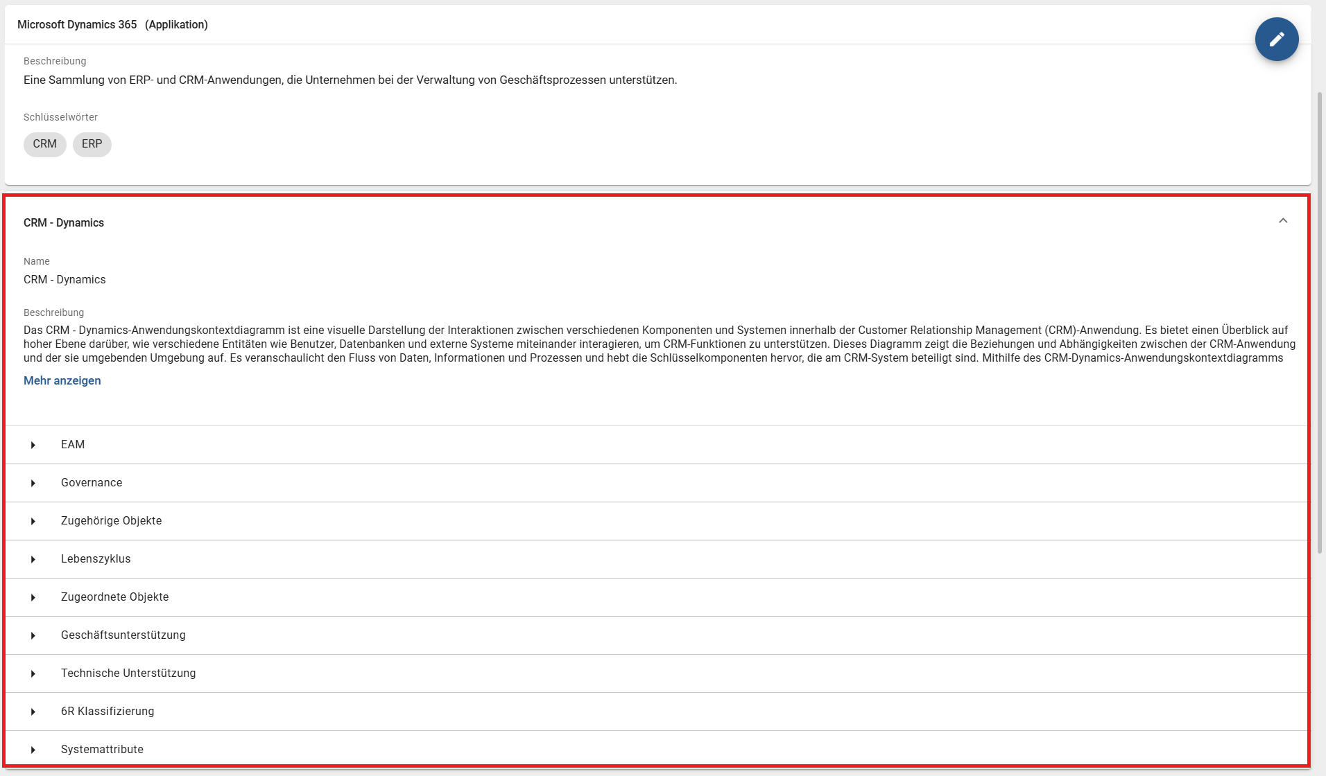 Der Screenshot zeigt die erweiterte Attributgruppe für ein Kontextdiagramm, in welchem das Katalogobjekt als Kontextreferenz hinterlegt wurde.