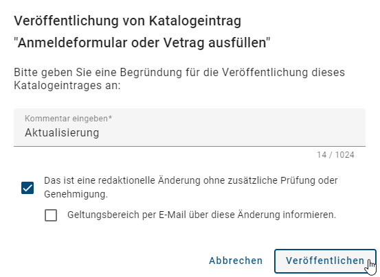 In diesem Screenshot wird der Veröffentlichungsdialog mit der aktivierten redaktionellen Freigabe angezeigt.