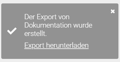 Der Screenshot zeigt ein Mittelungsfenster mit einem Link für den Start des Downloads eines Exports.