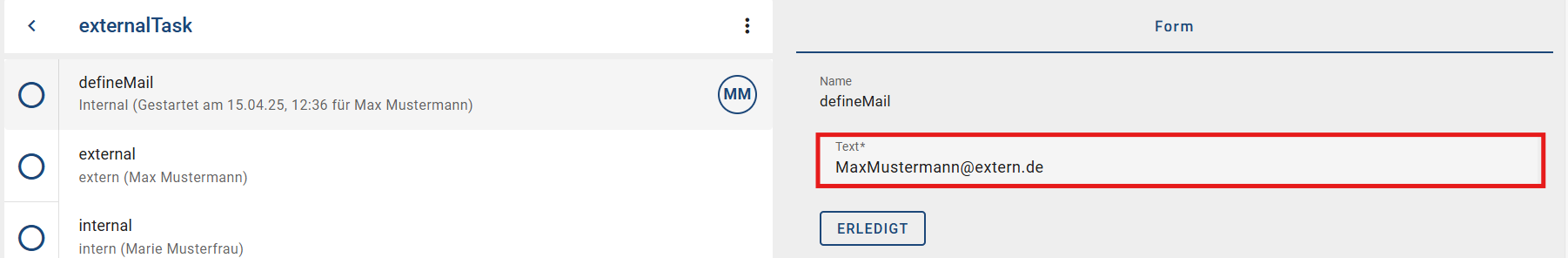 Der Screenshot zeigt wo die externe E-Mail in der ProcessApp eingetragen wird.