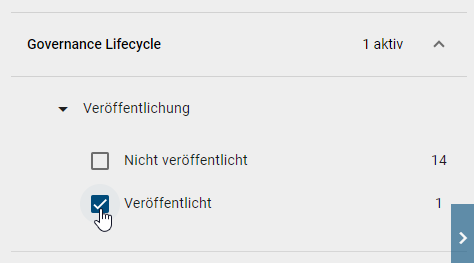 Der Screenshot zeigt das Attribut "Governance Lifecycle" im Filterbereich.