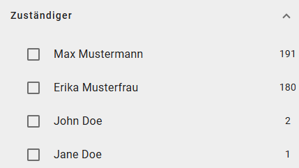 Der Screenshot zeigt die Filterfacette "Zuständiger" in der rechten Seitenleiste für die Aufgabenliste einer ProcessApp.