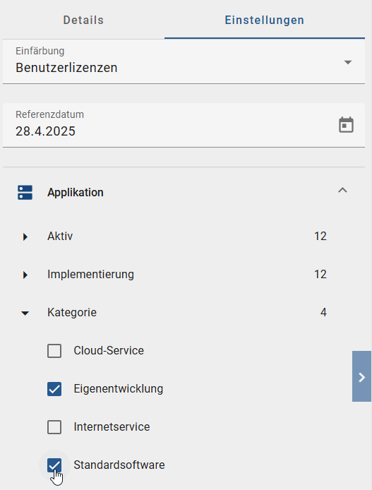 Der Screenshot zeigt die Filter-Optionen in der rechten Seitenleiste innerhalb der Registerkarte "Einstellungen".