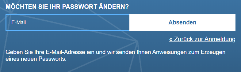 Der Screenshot zeigt das E-Mail Eingabefeld zum Ändern des Passwortes.