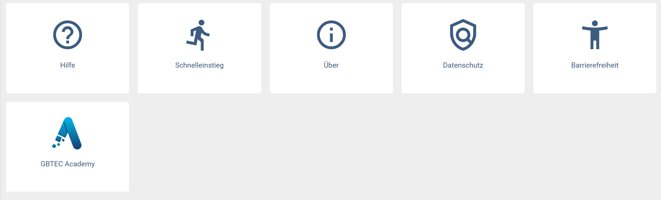 Der Screenshot zeigt alle verfügbaren Kacheln im Menüeintrag "Hilfe".