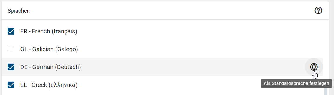 Der Screenshot zeigt eine Liste zur Festlegung von Inhalts- und Alternativsprachen sowie die Möglichkeit, eine Sprache als Standard festzulegen.