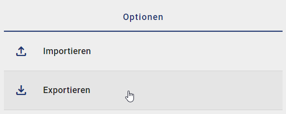 Der Screenshot zeigt die Option "Exportieren" im Optionsbereich.