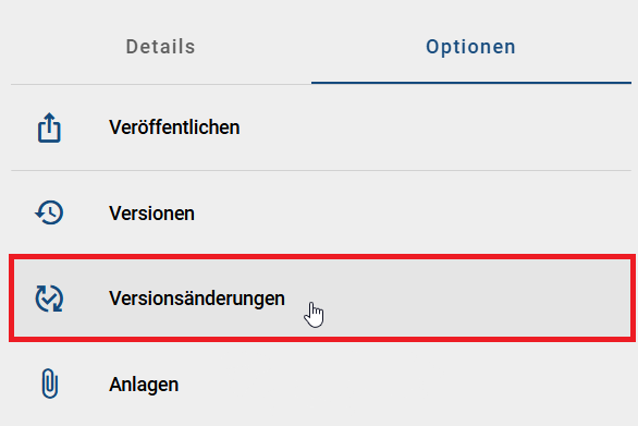 Der Screenshot zeigt die Option "Versionsänderungen" in der Registerkarte "Optionen" eines ausgewählten Diagramms.
