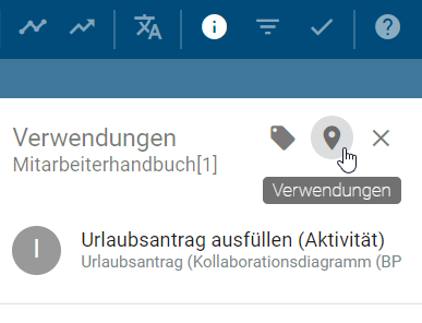 Der Screenshot zeigt die Schaltfläche "Verwendungen" in der Detailleiste.