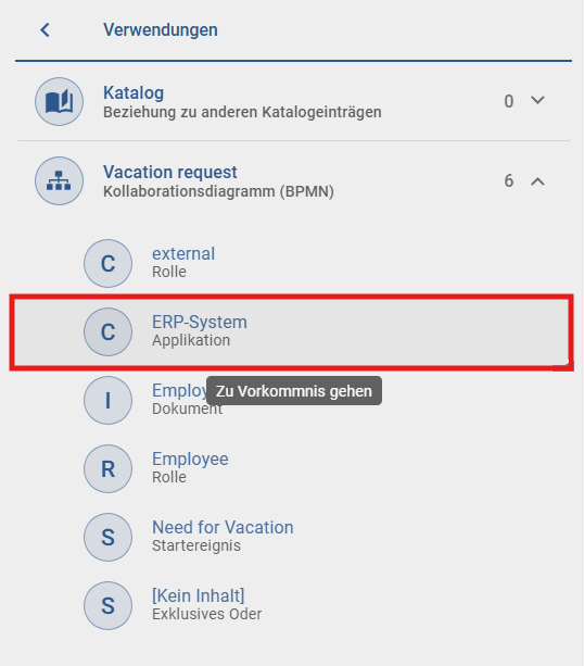 Der Screenshot zeigt die Schaltfläche "Verwendungen" in der Detailleiste.