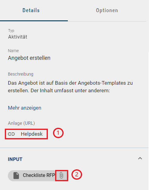 Dieser Screenshot zeigt die Möglichkeit eine Anlage am selektieren Diagramm bzw. Objekt zu öffnen. Außerdem ist die Büroklammer im Chip eines referenzierten Objekts markiert, wo ein Klick das Öffnen dessen Anlage bewirkt.