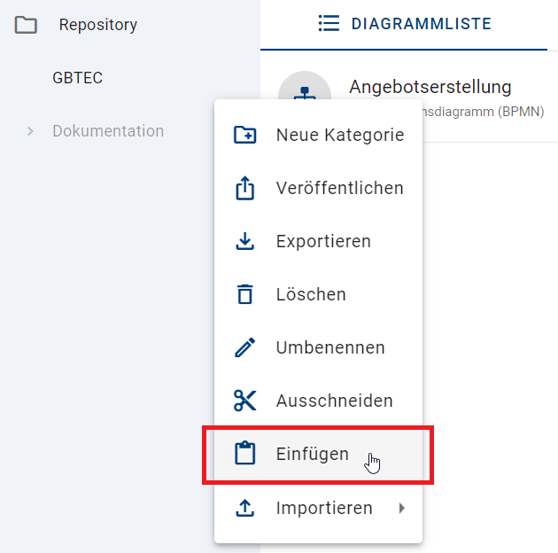 Der Screenshot zeigt die Option "Einfügen" für die ausgewählte Kategorie.