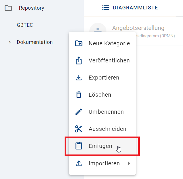 Der Screenshot zeigt die Option "Einfügen" im für die ausgewählte Kategorie.