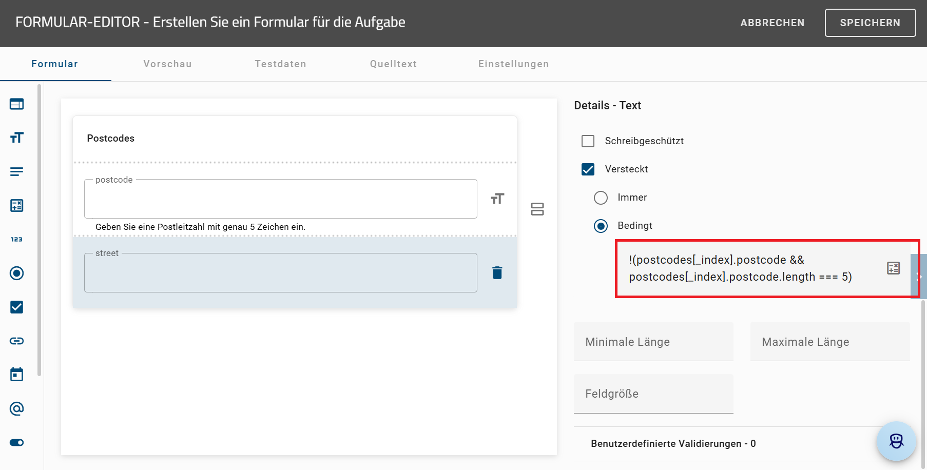 Der Screenshot zeigt den „Formular-Editor“ mit dem Formularfeld street, das als Ausgeblendet konfiguriert ist.