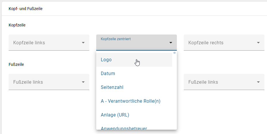 Der Screenshot zeigt die Auswahlmöglichkeiten für das Darstellen von Informationen in der Kopf- und Fußzeile.