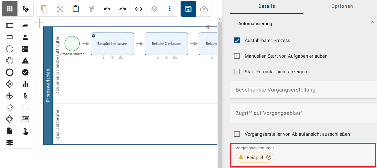 Der Screenshot zeigt die Attributgruppe "Automatisierung" in der Registerkarte "Details" in der rechten Seitenleiste mit dem ausgefüllten Eingabefeld "Vorgangseigentümer".