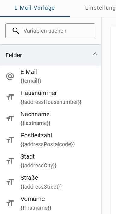 Der Screenshot zeigt das Auswahlmenü für Prozessvariablen im "E-Mail-Vorlagen-Editor" mit der zugehörigen Suchleiste und einer alphabetisch sortierten Liste der verfügbaren Variablen.