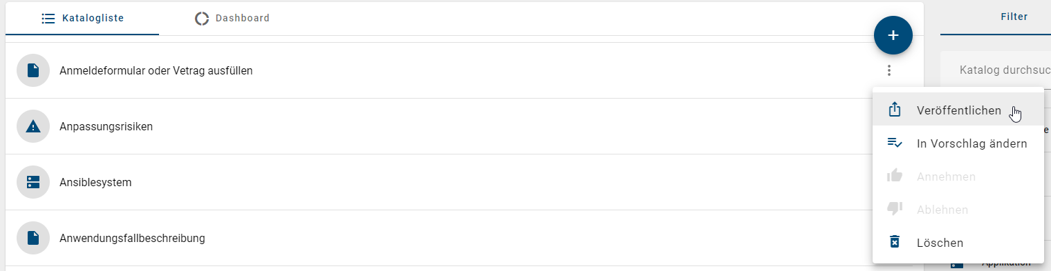 Hier wird die Schaltfläche "Veröffentlichen" eines Katalogeintrags im Kontextmenü angezeigt.