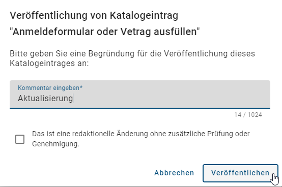 Der Screenshot zeigt den Veröffentlichungsdialog eines Katalogeintrags.