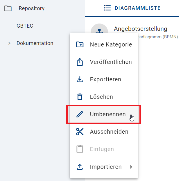 Der Screenshot zeigt die Option "Umbenennen" für die ausgewählte Kategorie.