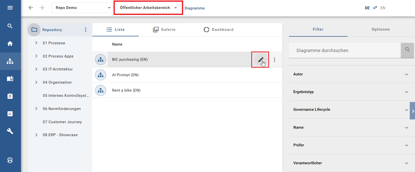 Der Screenshot zeigt die Option, ein Diagramm in der Diagrammliste umzubenennen.