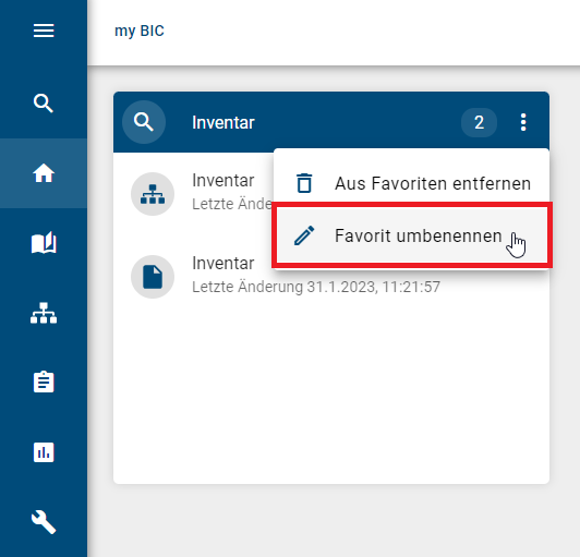 Der Screenshot zeigt das geöffnete Kontextmenü mit der Option "Favoriten umbenennen".