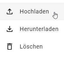 Der Screenshot zeigt die Option "Hochladen" im Kontextmenü einer Berichtsvorlage.