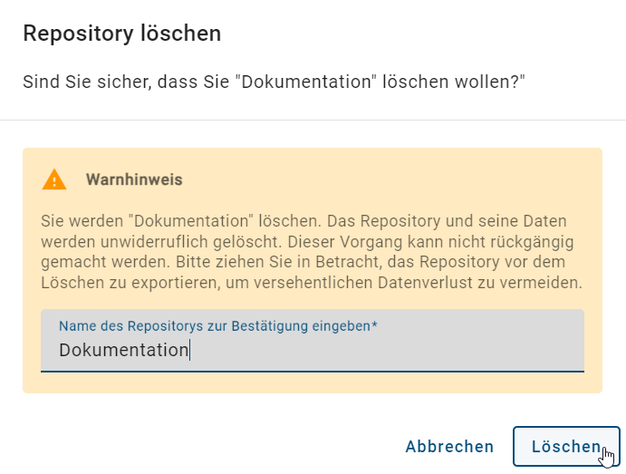 Der Screenshot zeigt das Dialogfenster für das Löschen eines Repositories.