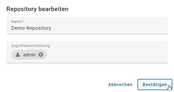 Der Screenshot zeigt das Dialogfenster für das Bearbeiten der Eigenschaften eines Repositories.