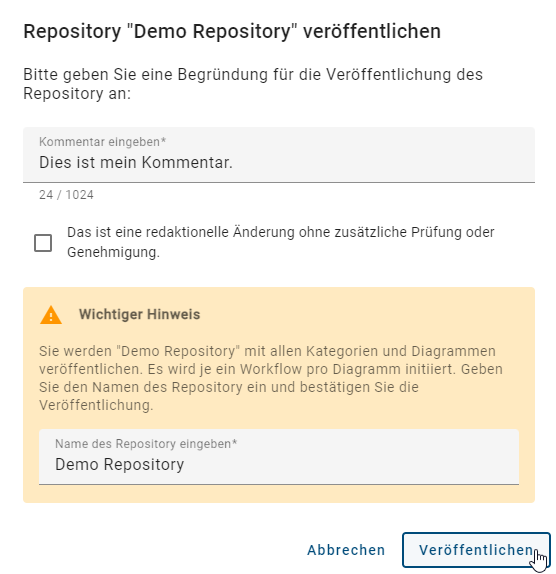 Der Screenshot zeigt das Dialogfenster für das Veröffentlichen eines Repositories.