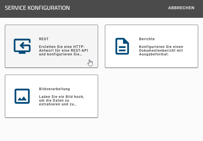 Der Screenshot zeigt die Option zum Erstellen einer REST-Konfiguration.