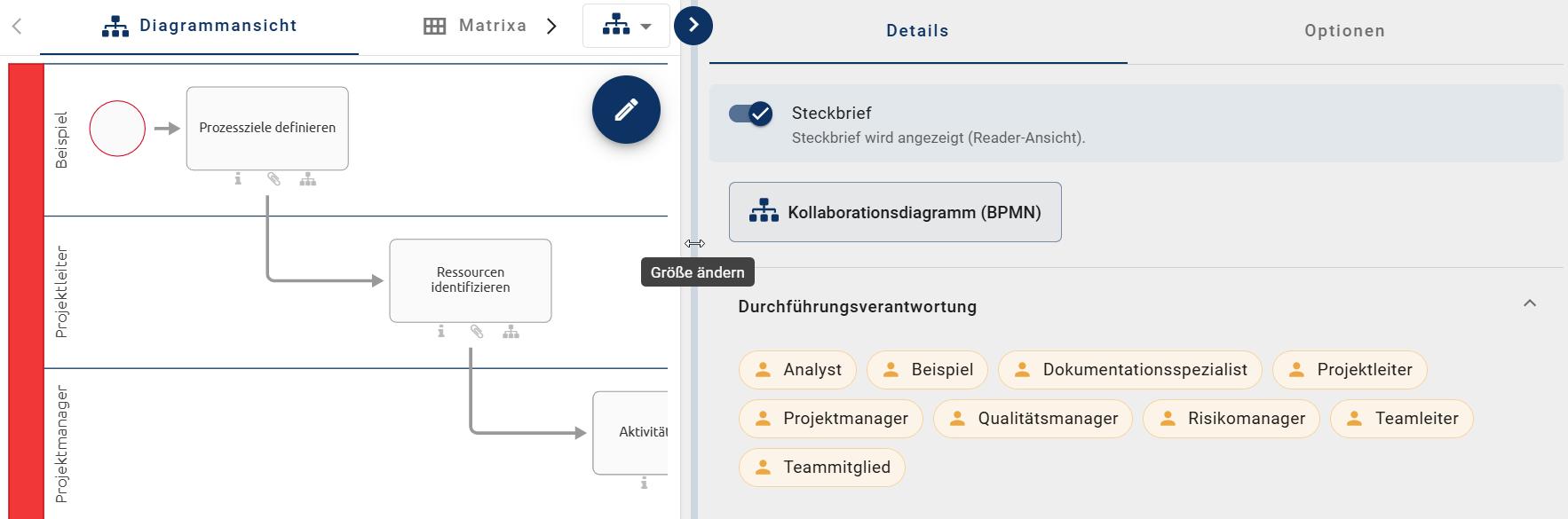 Der Screenshot zeigt die Möglichkeit, die Größe der rechten Seitenleiste anzupassen.