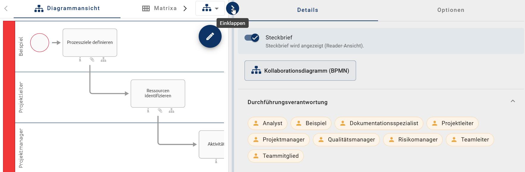 Der Screenshot zeigt die Möglichkeit, die rechte Seitenleiste über die Schaltfläche "Einklappen" einzuklappen.
