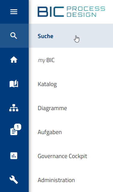 Der Screenshot zeigt das Seitenmenü von BIC Process Design.