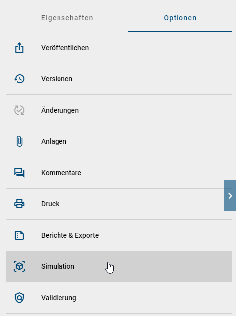 Hier werden die Optionen in der Diagrammansicht mit der Schaltfläche "Simulation" gezeigt.