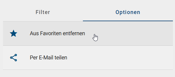 Der Screenshot zeigt die Option "Aus Favoriten entfernen" in der rechten Seitenleiste der zentralen Suche in der Registerkarte "Optionen".