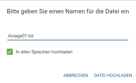 Der Screenshot zeigt das Eingabefeld für den Namen der Anlage und die Option "Datei hochladen".